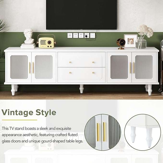 Merax Retro Design TV Stand with Fluted Glass Doors and 2 Drawers and Cabinets for Televisions Up to 78'', Practical Media Console, Elegant Entertainment Center for Living Room, White - LeafyLoom