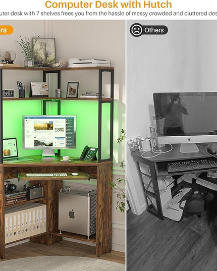 Cyclysio Small Corner Desk with Hutch, Heavy Duty Corner Computer Desk with Power Outlets & LED Light, Triangle Corner Gaming Desk with Keyboard Tray for Home Office, Small Space, Workstation Brown - LeafyLoom