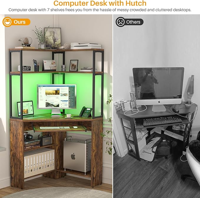 Cyclysio Small Corner Desk with Hutch, Heavy Duty Corner Computer Desk with Power Outlets & LED Light, Triangle Corner Gaming Desk with Keyboard Tray for Home Office, Small Space, Workstation Brown - LeafyLoom