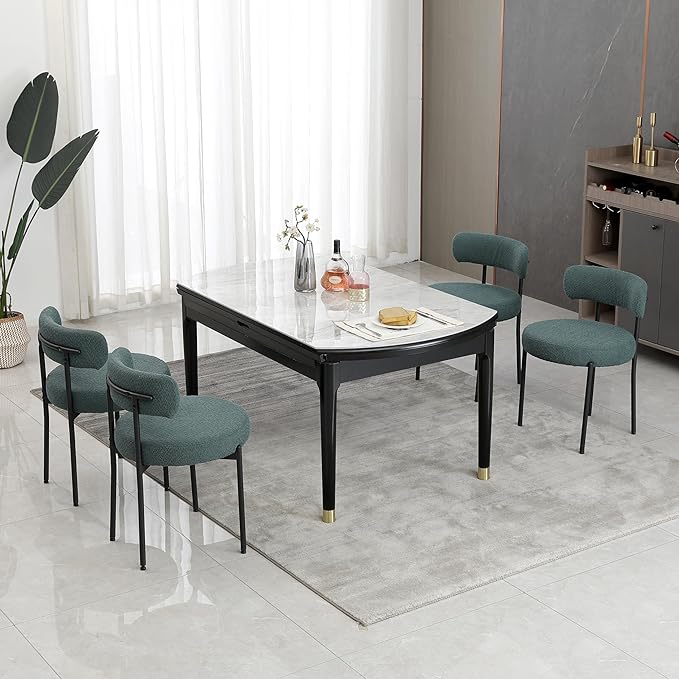 Dark Green Dining Chairs Set of 4 Round Upholstered Boucle Dining Room Chairs Mid-Century Modern Kitchen Chairs Curved Backrest Chairs for Dining Room Black Metal Legs - LeafyLoom