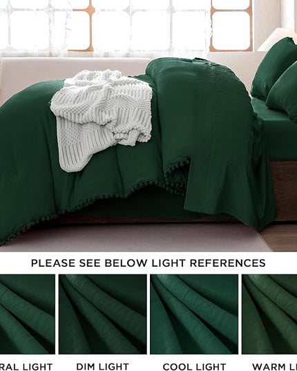Litanika Queen Size Comforter Set Dark Green,3 Pieces Dark Green Boho Pom Pom Lightweight Bed Comforter, All Season Soft Solid Color Bedding Comforter Sets (1 Comforter 90x90 Inch, 2 Pillowcases) - LeafyLoom