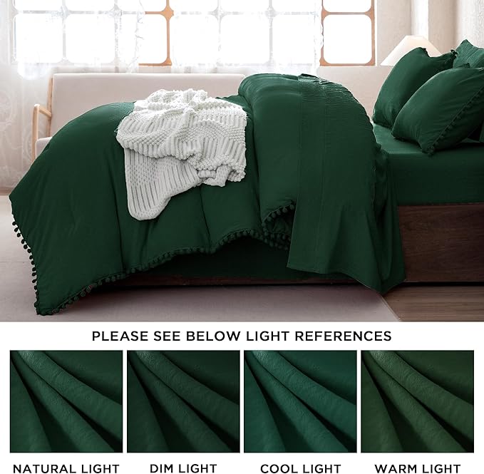 Litanika Queen Size Comforter Set Dark Green,3 Pieces Dark Green Boho Pom Pom Lightweight Bed Comforter, All Season Soft Solid Color Bedding Comforter Sets (1 Comforter 90x90 Inch, 2 Pillowcases) - LeafyLoom