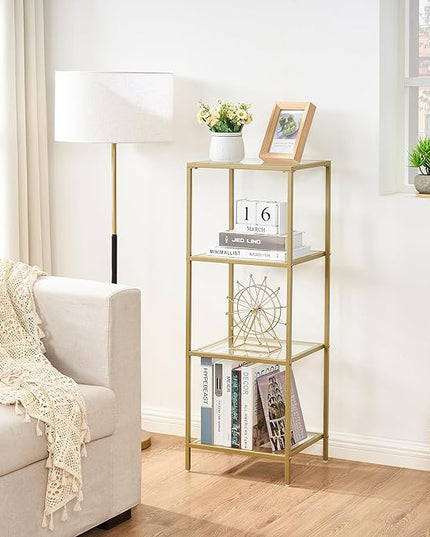 4-Tier Bookshelf,Metal Bookcase,Tempered Glass Shelves,Storage Rack Shelf for Home Office,Living Room,Bedroom, Bathroom,Modern Style,Golden - LeafyLoom