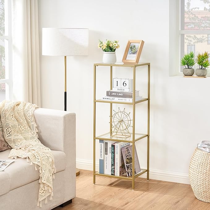 4-Tier Bookshelf,Metal Bookcase,Tempered Glass Shelves,Storage Rack Shelf for Home Office,Living Room,Bedroom, Bathroom,Modern Style,Golden - LeafyLoom