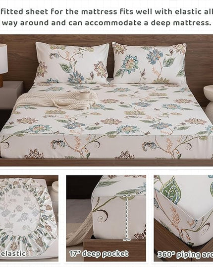 QSH Floral Bed Sheets King Size - 100% Egyptian Cotton Floral Bedding Sheets Botanical Leaves Flower Pattern Printed Bedding King Size Bed Sheets 17.5" Extra Deep Pocket 4pcs - LeafyLoom