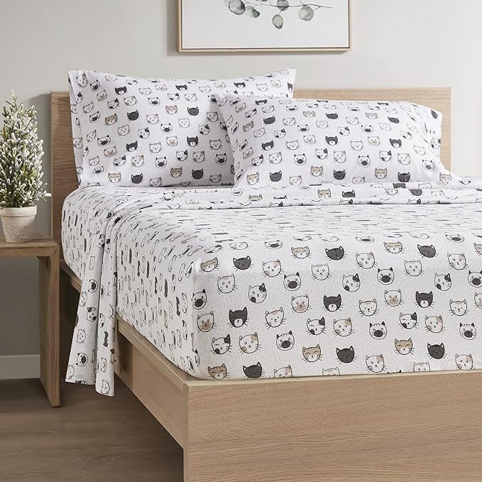 Comfort Spaces Cotton Flannel Breathable Warm Deep Pocket Sheets with Pillow Case Bedding, Twin XL, Grey/Pink Cats 3 Piece - LeafyLoom