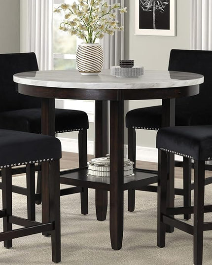 New Classic Furniture Celeste 5-Piece Faux Marble Round Counter Set with 1 Table and 4 Chairs, 42-Inch, Black - LeafyLoom