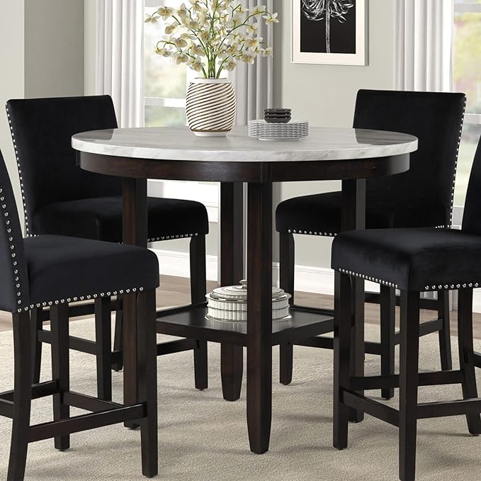 New Classic Furniture Celeste 5-Piece Faux Marble Round Counter Set with 1 Table and 4 Chairs, 42-Inch, Black - LeafyLoom