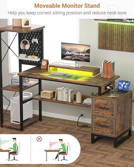 Computer Desk with 2 Fabric Drawers - Reversible Home Office Desk with Power Outlet & LED Lights, 53" Writing Desk with Monitor Stand & Storage Shelves, Gaming Desk with Pegboard, Rustic Brown - LeafyLoom