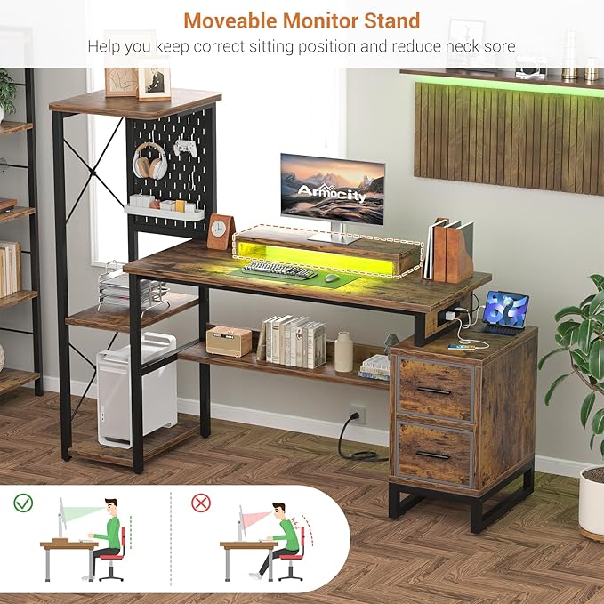 Computer Desk with 2 Fabric Drawers - Reversible Home Office Desk with Power Outlet & LED Lights, 53" Writing Desk with Monitor Stand & Storage Shelves, Gaming Desk with Pegboard, Rustic Brown - LeafyLoom