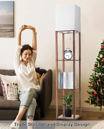Floor Lamp with Shelves for Living Room Walnut Brown, Shelf Floor Lamp with 3 CCT LED Bulb, Corner Display Standing Column Lamp Etagere Organizer Tower Nightstand with White Linen Shade for Bedroom - LeafyLoom