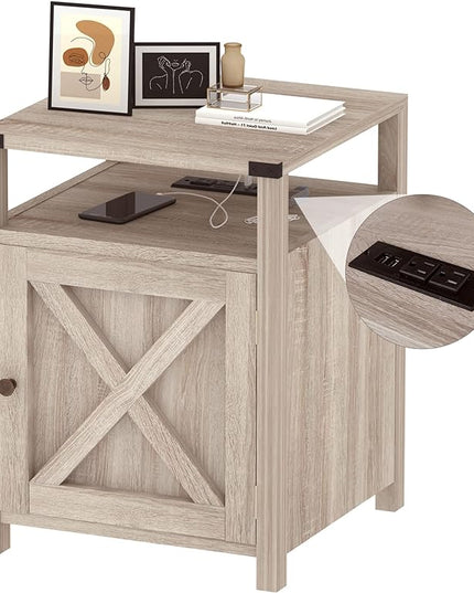Farmhouse Nightstand with Charging Station, Rustic End Table Bedroom with Storage Living Room Side Table Beige Night Stand Industrial Bedside Bed Table with USB Ports and Outlets - LeafyLoom