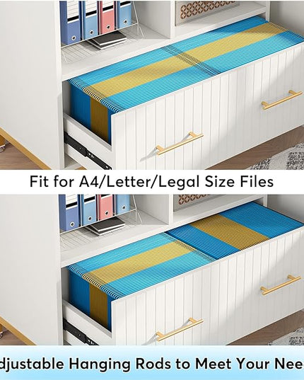 White Lateral File Cabinet with Drawer, 35.4" Modern Filing Cabinet with Adjustable Hanging Rod for Legal/Letter/A4 Size Files, Wood Printer Stand with Open Storage Spaces for Home Office - LeafyLoom