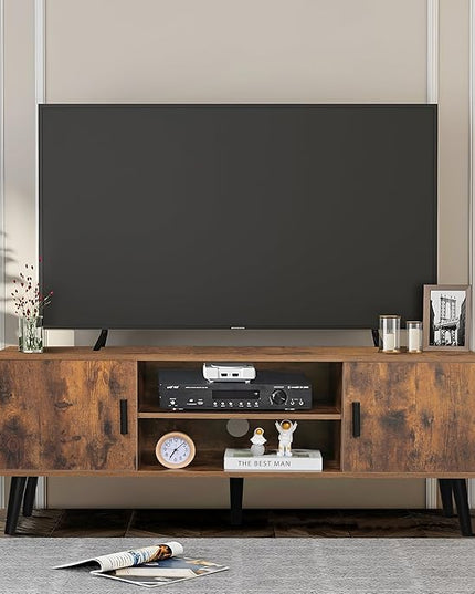 Iwell TV Stand for 55 Inch TV, TV Console with 2 Cabinets and Shelves, TV Stands for Living Room/Bedroom, Rustic Brown - LeafyLoom