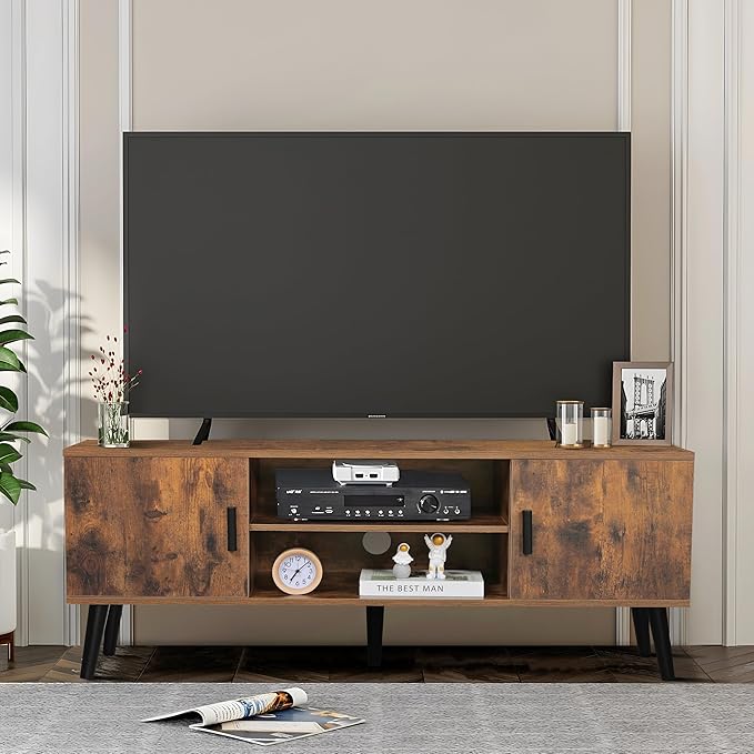 Iwell TV Stand for 55 Inch TV, TV Console with 2 Cabinets and Shelves, TV Stands for Living Room/Bedroom, Rustic Brown - LeafyLoom