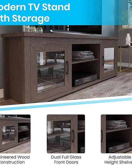Flash Furniture Sheffield TV Stand up to 80" TVs - Modern Black Wash Finish & Full Glass Doors - 65" Engineered Wood Frame - 3 Height Adjustable Shelves - LeafyLoom