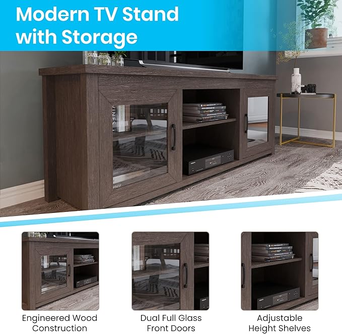 Flash Furniture Sheffield TV Stand up to 80" TVs - Modern Black Wash Finish & Full Glass Doors - 65" Engineered Wood Frame - 3 Height Adjustable Shelves - LeafyLoom
