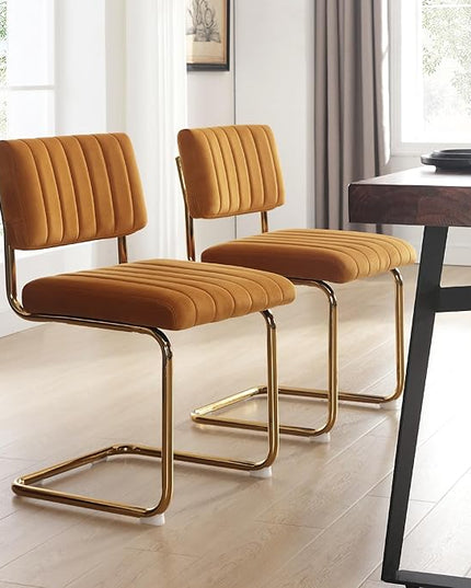 ONEVOG Orange Velvet Dining Chairs Set of 2, Upholstered Kitchen Dining Room Chair, Comfy Dinner Chair with Gold Metal Legs, Cantilevered Design Chair for Bedroom, Living Room - LeafyLoom