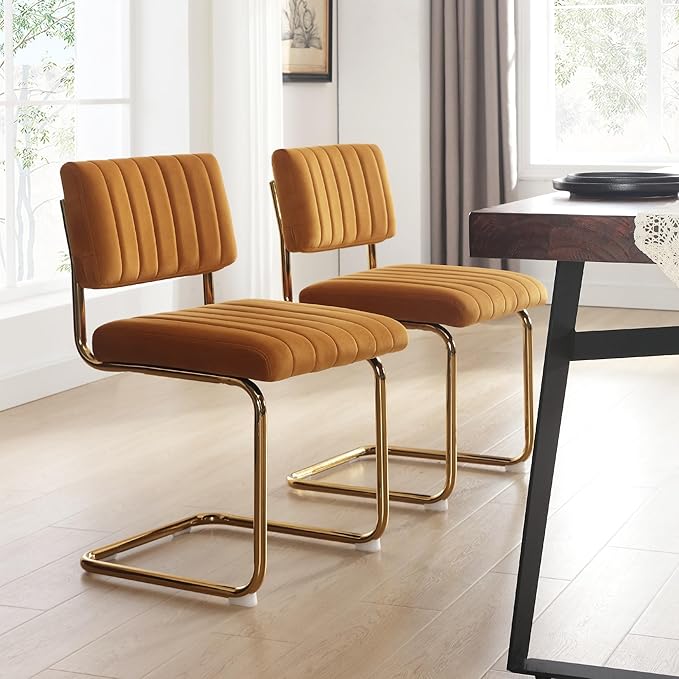 ONEVOG Orange Velvet Dining Chairs Set of 2, Upholstered Kitchen Dining Room Chair, Comfy Dinner Chair with Gold Metal Legs, Cantilevered Design Chair for Bedroom, Living Room - LeafyLoom