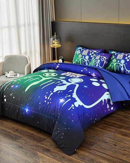 Gamer Console Blue Comforter Set with Sheets for Boys,Full Size Glitter Gaming Bedding Set for Kids,6 Pieces Colorful Graffiti Green Dark Game Controller Bed in a Bag for Teens (Green&Blue, Full) - LeafyLoom