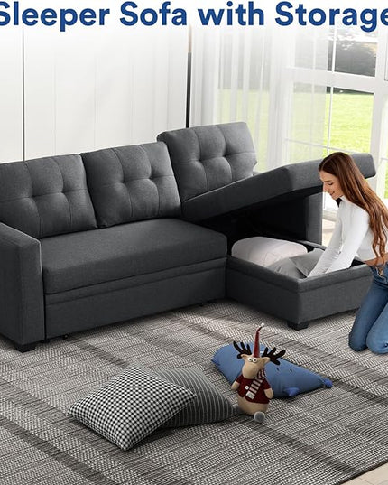 4-in-1 Convertible L Shaped Couch with Pull Out Bed and Storage Sectional Sleeper Sofa with Reversible Chaise for Living Room, Apartment, Bedroom, Office, Charcoal Grey - LeafyLoom