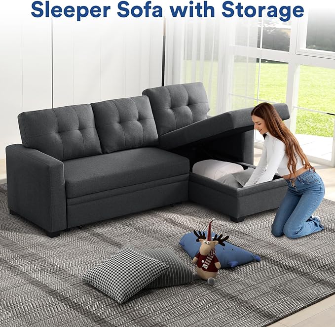 4-in-1 Convertible L Shaped Couch with Pull Out Bed and Storage Sectional Sleeper Sofa with Reversible Chaise for Living Room, Apartment, Bedroom, Office, Charcoal Grey - LeafyLoom