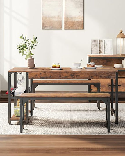 YITAHOME 63" 3 Piece Kitchen Dining Table Set for 4 with Bench & Storage, Farmhouse Rectangle Dining Room Dinner Table with Wine & Glass Holder for Space Saving, Rustic Brown - LeafyLoom