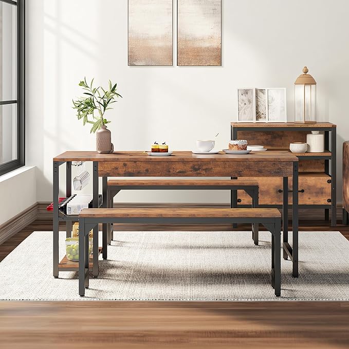 YITAHOME 63" 3 Piece Kitchen Dining Table Set for 4 with Bench & Storage, Farmhouse Rectangle Dining Room Dinner Table with Wine & Glass Holder for Space Saving, Rustic Brown - LeafyLoom