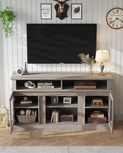 58 Inch TV Stand, Television Stands with 2 Tempered Glass Doors, Storage Cabinet and Shelves, Entertainment Center for Living Room, Barnwood - LeafyLoom