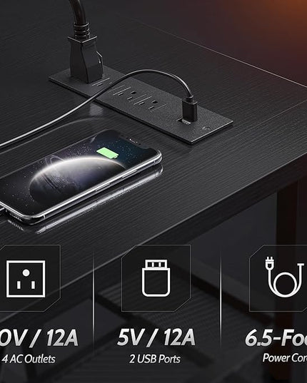 CubiCubi L Shaped Gaming Desk with Power Outlets and USB Charging Ports, 58" Reversible Corner Computer Desk with Storage Shelves and Drawer, Home Office Desk with Bookshlf, Black - LeafyLoom