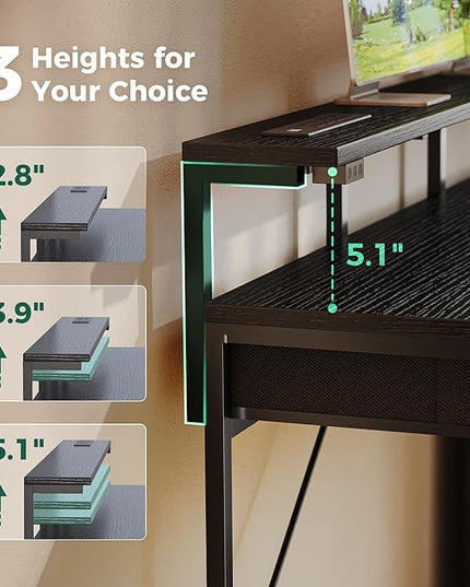 Gaming Desk with 6 Drawers, Computer Desk with LED Lights Power Outlets and Type-C, 47 Inch Office Desk with Storage, Monitor Stand, Writing Desk Work Desk Home Office, Bedroom, Study, Black - LeafyLoom