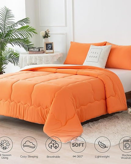 COTTEBED Reversible Ultra-Soft Bright Orange Beige Twin Comforter Set for Girl Boy Kid Dorm, Jersey Knit T-Shirt Feel Cute Lightweight Cozy Comfy Bedding Blanket Down Conforter All Season Twin/Twin XL - LeafyLoom