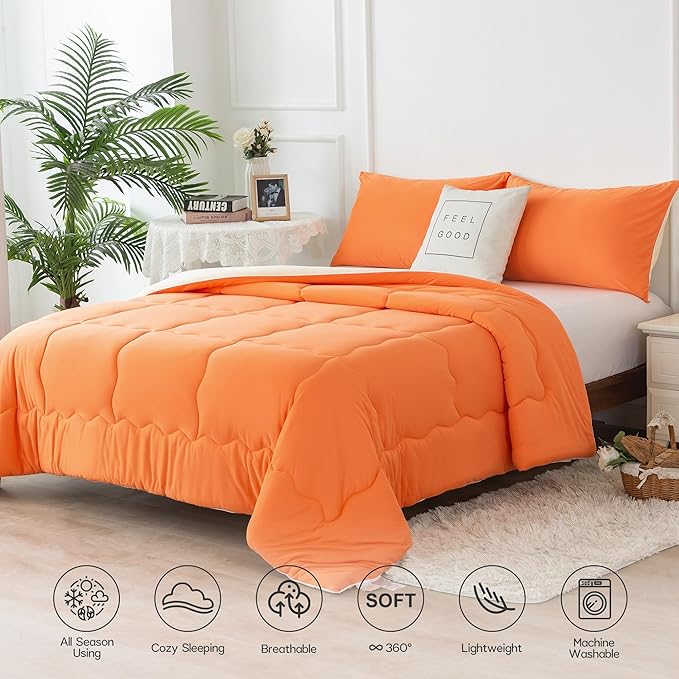 COTTEBED Reversible Softness Bright Orange and Beige King Size Comforter Set Clearance, Jersey Knit T-Shirt Feel California King Cozy Bedding Down Blanket Quilt & Pillowsham for Women Men All Season - LeafyLoom