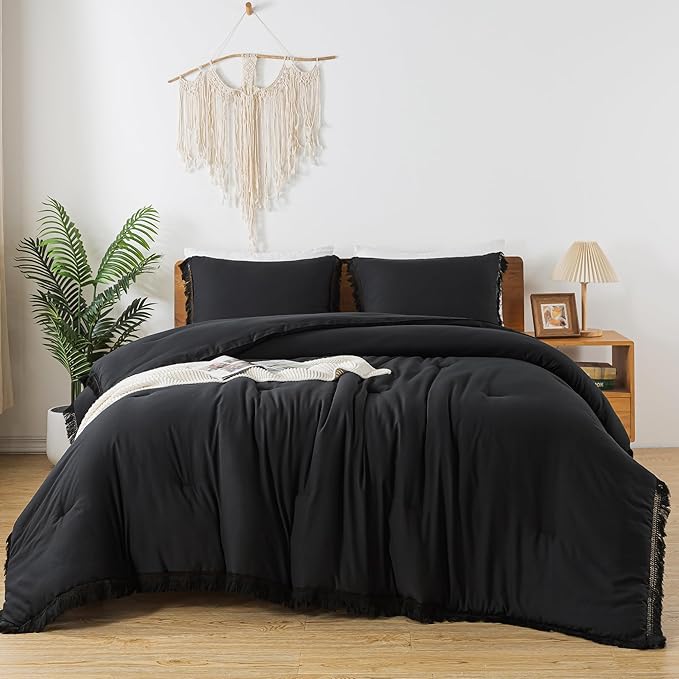 Andency Black Comforter Set Full Size, 3 Pieces Boho Tassel Lightweight Bedding Comforter Sets, All Season Soft Fluffy Fringe Bed Set (79x90In Comforter & 2 Pillowcases) - LeafyLoom