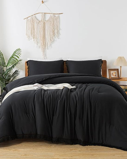 Andency Black Comforter Set King Size, 3 Pieces Boho Tassel Lightweight Bedding Comforter Sets for King Bed, All Season Soft Fluffy Fringe Bed Set (104x90In Comforter & 2 Pillowcases) - LeafyLoom