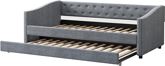 Twin Size Upholstered Daybed with Twin Size Trundle,Wood Sofa Bed Frame W/Button Tufted Back and Nailhead Decorated Waved Shape Arms,Slat Support,for Bedroom,Living Room,Apartment,Light Gray - LeafyLoom