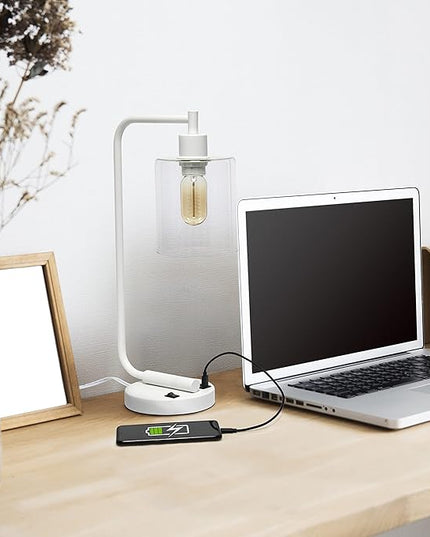 Simple Designs LD1066-WHT-LB Industrial Vintage Bronson Iron Lantern Desk Table Lamp with USB Port and Glass Cylinder Shade for Office, Living Room, Bedroom, White, with Feit LED Bulb Included - LeafyLoom