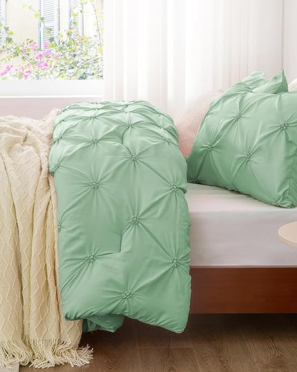 BEDELITE Green Queen Comforter Set - 3 Pieces Boho Pintuck Bedding Comforter Sets, Lightweight Soft & Warm Bed Comforter Queen with 2 Pillowcases for All Season - LeafyLoom