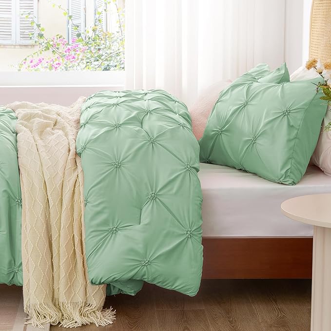 BEDELITE Green Twin Comforter Set for Girls - 2 Peices Boho Pintuck Bedding Comforter Sets, Lightweight Soft & Warm Twin Bedding Sets with 1 Pillowcase for All Season - LeafyLoom