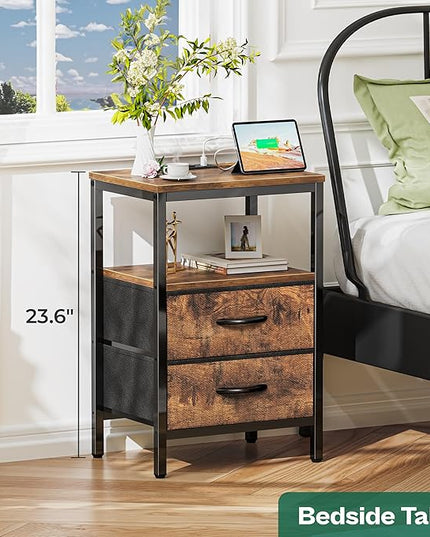 Nightstand with Charging Station, Side Table with Fabric Drawers, End Table with Open Shelf, Bedside Table with USB Ports and Outlets, Night Stand for Bedroom, Rustic Brown - LeafyLoom