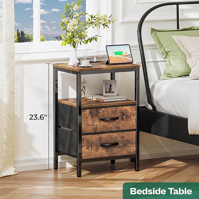 Nightstand with Charging Station, Side Table with Fabric Drawers, End Table with Open Shelf, Bedside Table with USB Ports and Outlets, Night Stand for Bedroom, Rustic Brown - LeafyLoom