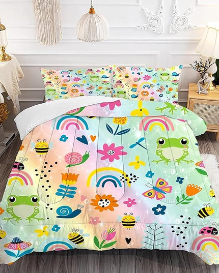 Rainbow Comforter Sets Twin Size Cartoon Floral Frogs Bedding Set for Girls Kids Children Boys Butterfly Flowers Bees Insects Cute Kawaii Quilt 1 Comforter + 1 Pillow Case - LeafyLoom