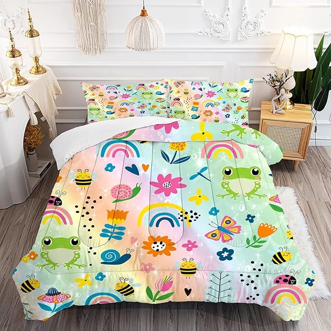 Rainbow Comforter Sets Twin Size Cartoon Floral Frogs Bedding Set for Girls Kids Children Boys Butterfly Flowers Bees Insects Cute Kawaii Quilt 1 Comforter + 1 Pillow Case - LeafyLoom
