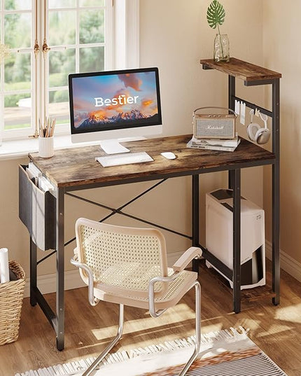 Bestier Computer Desk with LED lights, Gaming Desk with 4 Tier Shelves, 44 Inch Office Desk with Storage Bag & Printer Shelf (Rustic Brown) - LeafyLoom