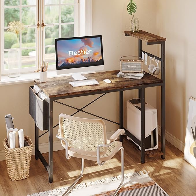 Bestier Computer Desk with LED lights, Gaming Desk with 4 Tier Shelves, 44 Inch Office Desk with Storage Bag & Printer Shelf (Rustic Brown) - LeafyLoom
