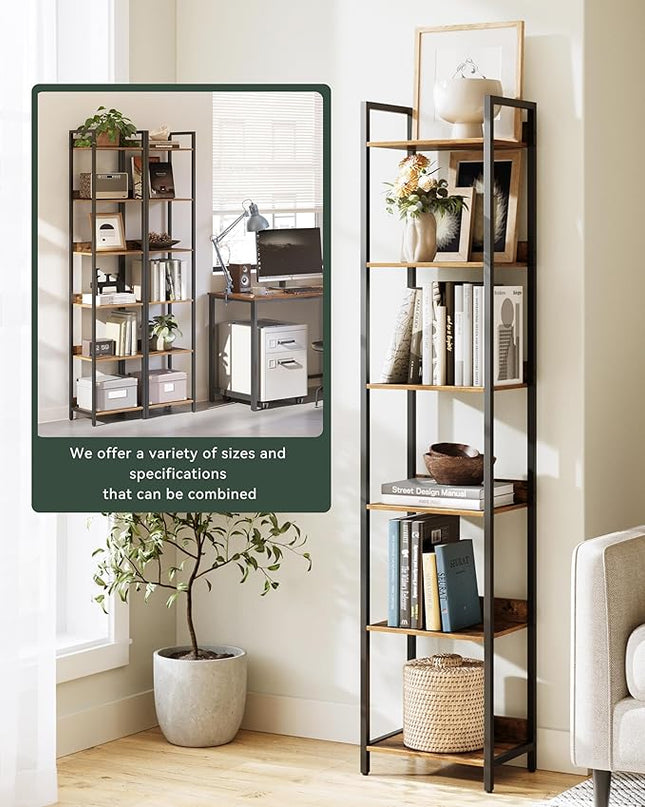 6-Tier Bookshelf, Narrow Bookcase with Open Shelves, Talll Book Shelf Coner Shelf for Living Room, Bedroom, Home Office, Study, Bathroom,11.5 x 15.7 x 72.6 Inches, Rustic Brown and Black - LeafyLoom