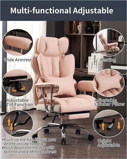 Desk Office Chair 400LBS, Big and Tall Office Chair, PU Leather Computer Chair, Executive Office Chair with Leg Rest, Light Pink Office Chair - LeafyLoom