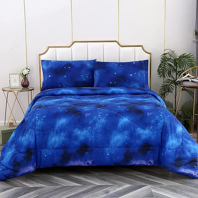 3PCS Blue Galaxy Comforter Set Full, Full Size Bed in a Bag Summer Comforter, Lightweight and Fade Resistant, Cute Full Size Quilt for Boys Girls Toddler Kids and Teens, Full - LeafyLoom