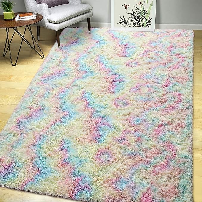 AROGAN Soft Rainbow Area Rugs for Girls Room 3x5 Feet, Fluffy Girls Bedroom Rugs, Princess Rug, Cute Colorful Carpet for Kids Teens Nursery Toddler, Pink - LeafyLoom