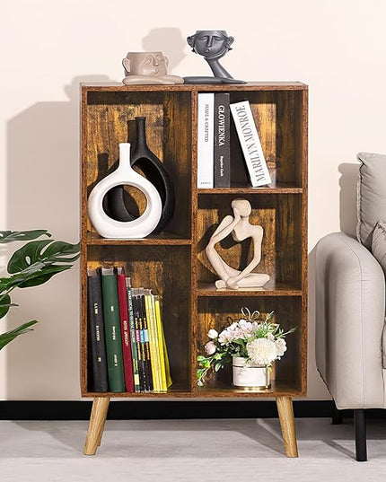 LEYAOYAO 5 Cube Small Bookshelf,3 Tier Mid-Century Bookcase with Legs,Wood Bookshelves Storage Organizer Shelf,Narrow Book Shelves,Brown Bookcases - LeafyLoom